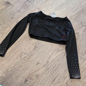 Varsity Cheer Black Long Sleeve Crop Top with Rhinestone Accents